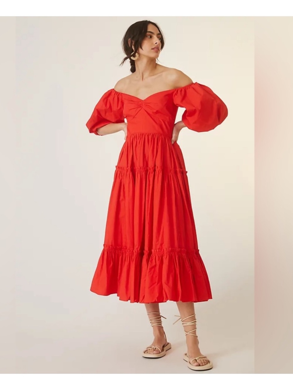 💃Anthropologie Red Off-Shoulder Puff Sleeve Midi Dress